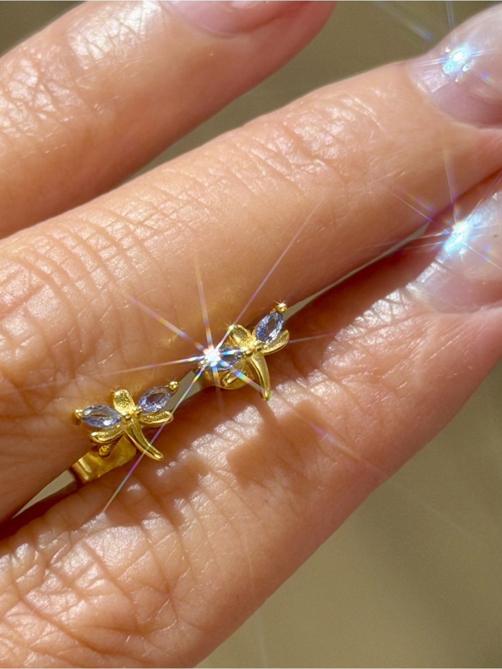 New Natural Tanzanite Dragonfly Stud Earrings, 14K Gold Plated Sterling Silver